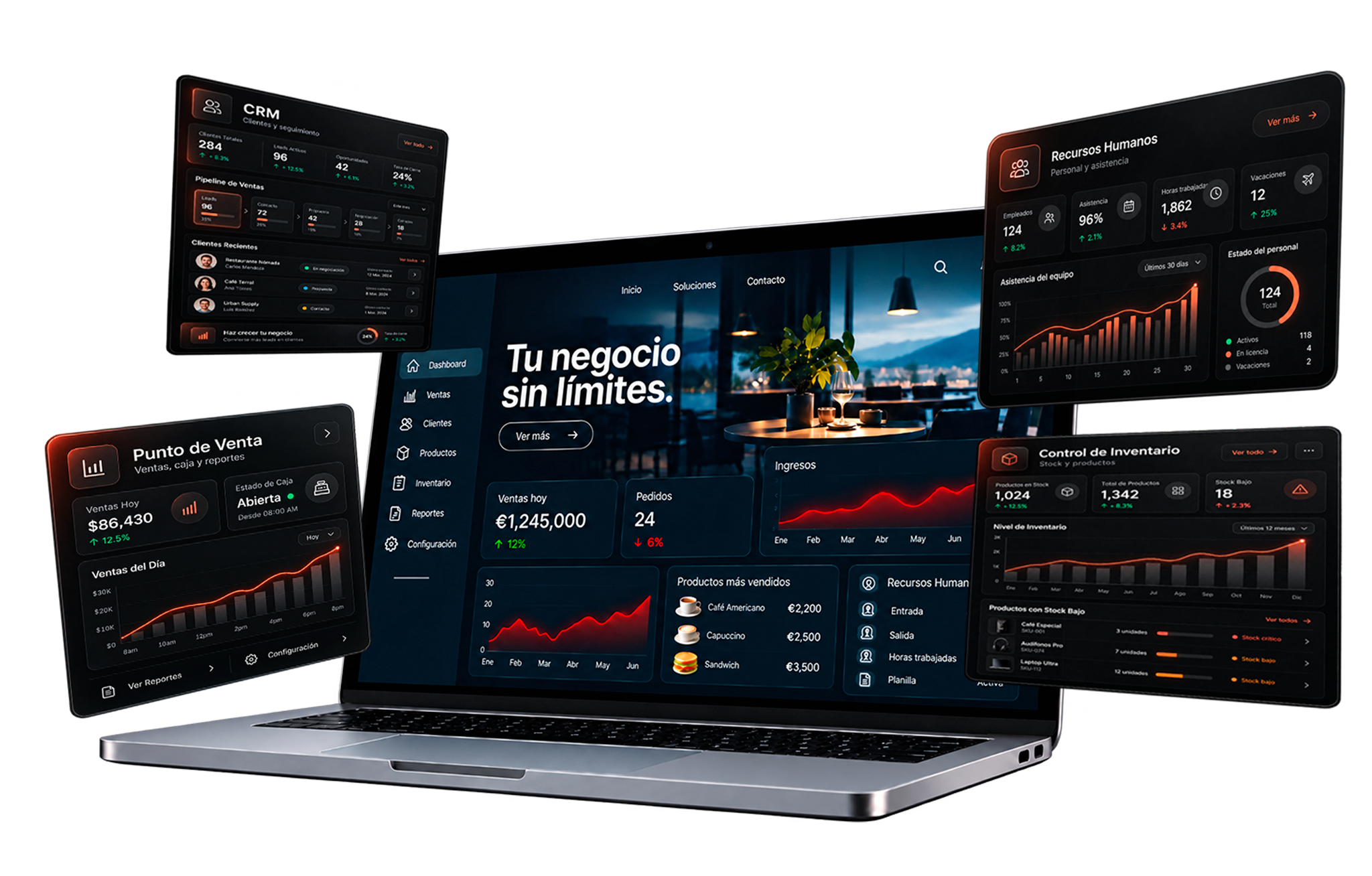 Sistemas Digitales: laptop con paneles de Punto de Venta, CRM, Control de Inventario y Recursos Humanos